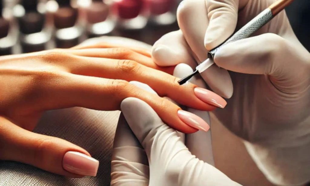 AI image of applying nail gel with glove and professional nail artist tools