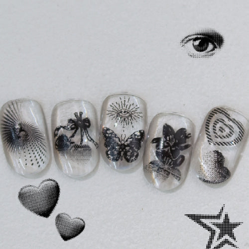 FIOTE Dot stamping plate: finished nail-art examples. Gel colours and stamping accessories are sold separately. Official FIOTE photograph.