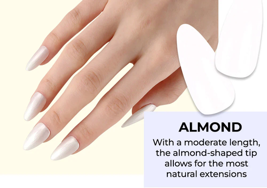 Almond-shaped artificial nail tips in a natural, neutral tone, offering a moderate length for versatile styling and comfortable wear. The almond-tip design provides a flattering, elongated appearance that seamlessly integrates with the natural nail. Perfect for enhancing one's manicure with a classic, refined look.