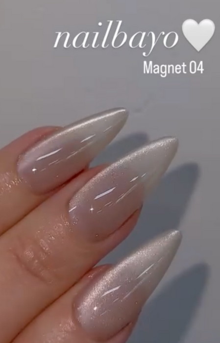 Nailbayo DOI Magnet Gel # 4 - 10ml, a Korean nail supply product by the renowned artist NAILBAYO, featuring a captivating magnetic design, perfect for creating unique and eye-catching nail art. This gel requires a specialized magnet tool for application, allowing users to explore the exciting possibilities of magnetic nail polish. The image showcases the product's sleek, silver-toned packaging and the intricate nail patterns achievable with this