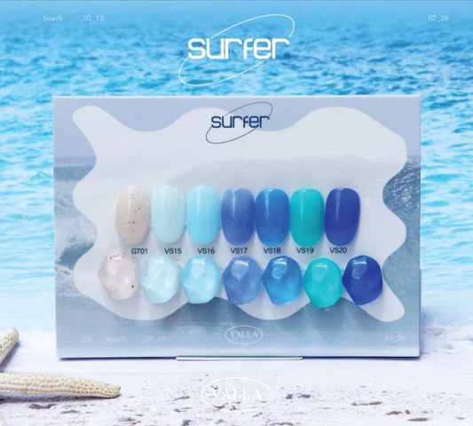 Surfer Collection by VALLA: An array of vibrant, ocean-inspired gel polish shades including cool blues, calming greens, and a unique terrazzo gel, perfect for recreating the look of sand and waves on your nails. This limited edition set offers a fun and fashionable way to bring the beach to your fingertips.