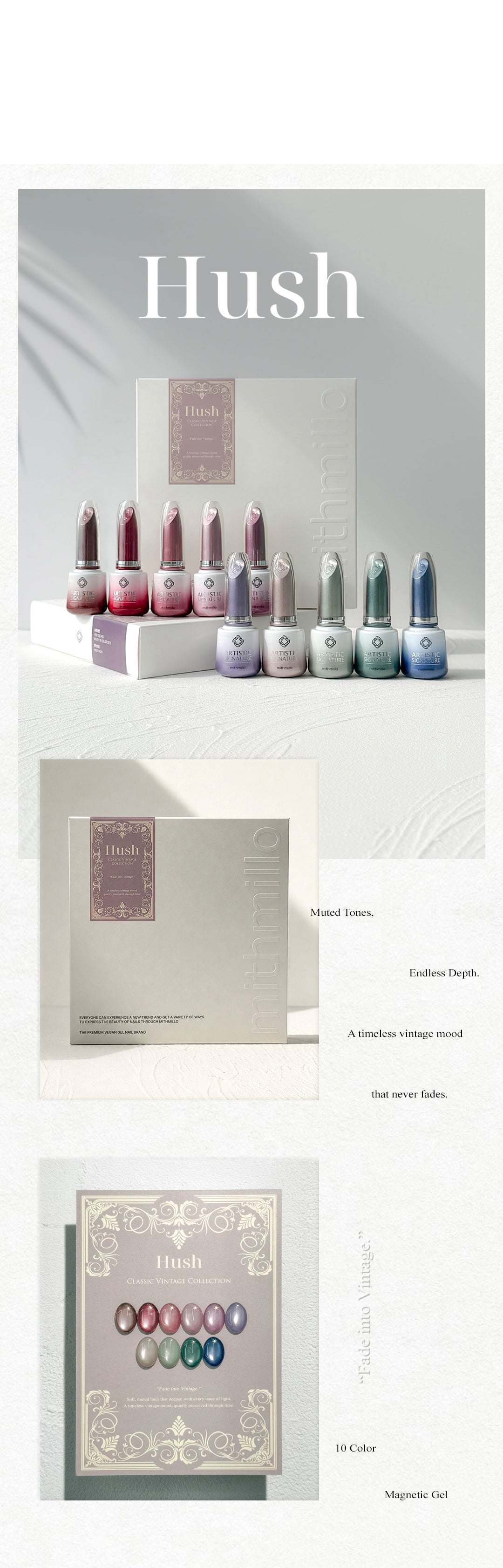 MITHMILLO Hush Collection – bottles, box and magnetic colour story
