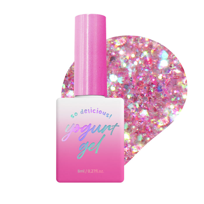 Vibrant sparkling gel polish featuring a vibrant tropical ombré design, capturing the essence of sun-kissed days. This long-lasting Yogurt Nail Kr. Aloha Collection offers a vibrant and dynamic color palette, perfect for creating a bold and radiant manicure. The collection includes 8 stunning gel polish shades in a range of tropical blues and pinks.