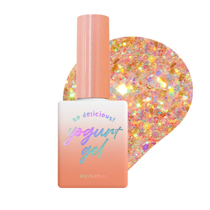 The image appears to be a glittery gel nail polish bottle with the text "Yogurt Gel" prominently displayed. The vibrant and eye-catching colors, including various shades of pink, orange, and yellow, capture the essence of a tropical, sun-kissed aesthetic. This Shopify product from the "YOGURT ALOHA collection" would be an ideal choice for those seeking a long-lasting, glittery gel nail polish with a fun and festive vibe.