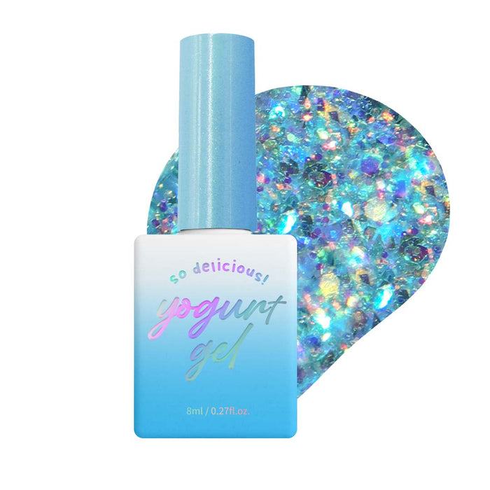 Vibrant and shimmering blue-toned gel nail polish with sparkling glitter particles, capturing the essence of sun-kissed tropical days. This Aloha Collection from the Yogurt Nail Kr. brand offers a vibrant and long-lasting gel polish experience.