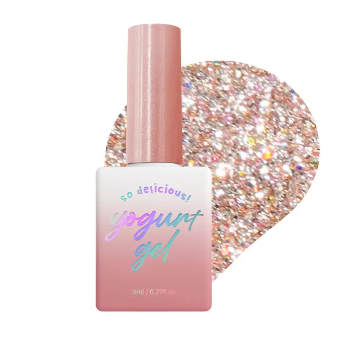 Vibrant and eye-catching, the "YOGURT New Things Collection" features a delightfully sparkly nail polish bottle in a soft, pastel pink hue. The product description highlights the 6 stunning glitter gel polishes, ensuring a luxurious and long-lasting nail care experience for the discerning customer. This visually striking image showcases the brand's dedication to innovation, quality, and trendy, fashion-forward design.