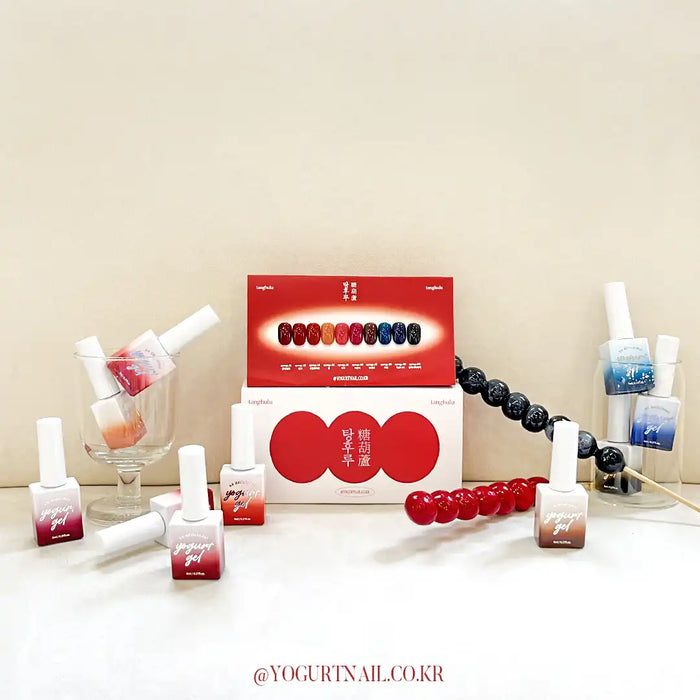 A vibrant display of Yogurt Tanghulu Collection, featuring a range of deep, self-leveling syrup shades inspired by the candied fruit Tanghulu. The image showcases the Tanghulu Single gels, with a swatch card to help customers identify the correct color. The collection includes a volume of 8ml per bottle and instructions for a 60-second UV/LED curing process.