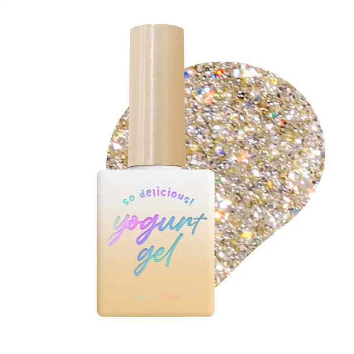 Vibrant and eye-catching Yogurt glitter gel polish with a captivating holographic shimmer, showcasing the brand's "New Things Collection" for Shopify customers seeking a delightful and unique nail care experience. The high-quality formula promises long-lasting wear and a dazzling finish, perfect for those seeking to elevate their manicure game.