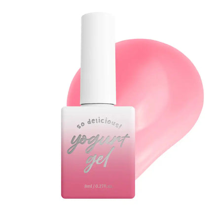 Descriptive alt text: The image shows a pink and white nail polish bottle labeled "Yogurt Gel" against a plain white background. The product appears to be a part of the "YOGURT Gelato collection" and is described as a mid-viscosity gel that comes in limited edition boxed packaging with a color chart.