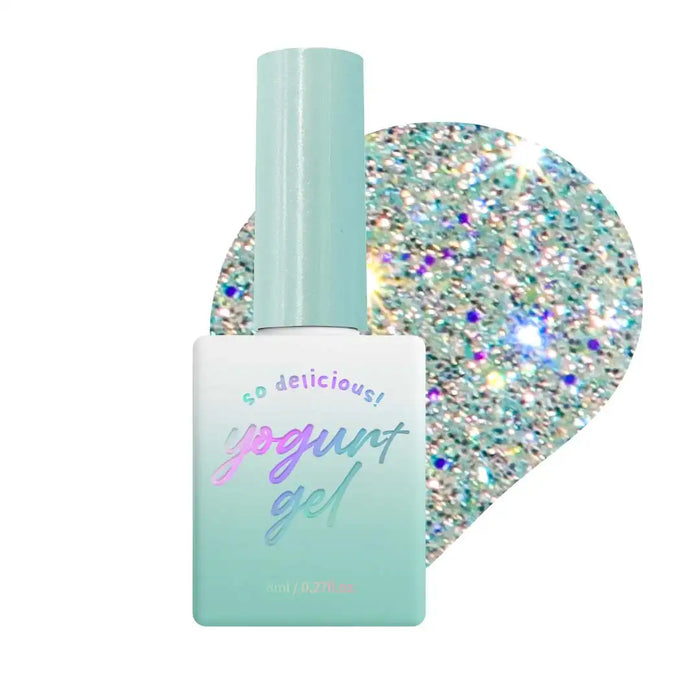 The image shows a vibrant, colorful bottle of Yogurt gel nail polish from the "New Things Collection". The bottle has a mint green color and features a glittery, multi-colored gel polish inside that appears to be the product's unique selling point. This eye-catching, high-quality product is sure to appeal to fashion-conscious Shopify customers seeking the latest nail care trends and innovative beauty solutions.