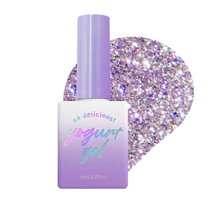 Descriptive alt text for the image of the "YOGURT New Things Collection" Shopify product:

A bottle of vibrant purple glitter nail polish from the "YOGURT New Things Collection". The bottle features a lavender cap and a shimmering, multi-colored glitter polish that catches the light, creating a dazzling, eye-catching display. The product description indicates that this is part of a collection of 6 beautiful glitter gel polishes, with each color a