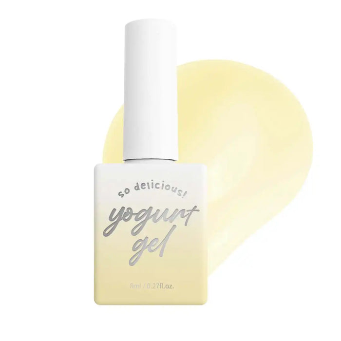 The image shows a white bottle with a yellow liquid inside, labeled "Yogurt gel". The bottle has a unique and minimalist design, highlighting the "Yogurt gel" branding in a stylized font. The bottle appears to be a product in the "Yogurt Gelato Collection" line, as described in the product details provided.