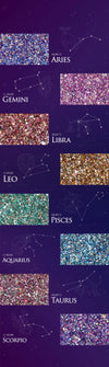 Sparkling cosmic constellation-inspired glitter gels for a dazzling Aurora Queen Stella makeup collection, featuring densely packed, easy-to-apply formulas in a variety of shimmering hues reminiscent of a starry night sky. Each glitter gel set contains 8 shades with a 9ml volume and a UV/LED curing time of just 1 minute, allowing for quick and radiant application.