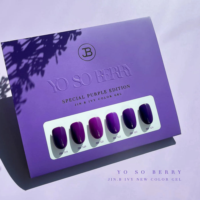 Six vibrant shades of purple nail polish in a special edition color gel set from the Jin.B IVY "Yo So Berry" collection, showcasing the brand's commitment to innovative and visually appealing nail care products.