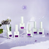 This image showcases the Jin.B IVY Yo So Berry 6pc Collection, a special purple edition of nail gel products by the brand. The image prominently features the collection's various bottles and packaging, highlighting the vibrant purple tones and the brand's logo. The products are displayed alongside complementary floral elements, creating an elegant and visually appealing presentation of the Jin.B IVY Yo So Berry nail gel collection.