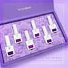 The image depicts a collection of six different purple nail polish shades called the "Jin.B IVY Yo So Berry 6pc Collection." The set is presented in a stylish purple box with the brand name "Yo So Berry" prominently displayed. The nail polishes themselves are visible within the box, showcasing the vibrant purple hues. This image effectively highlights the product's key features, including the unique color range and the Jin.B brand, making it an a