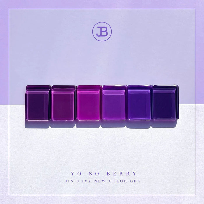 A collection of six vibrant, curated purple-hued gels from the Jin.B Ivy Yo So Berry line, featuring a variety of rich, vivid tints to complement any nail art or manicure. These single-use, UV/LED curable nail gels offer a premium, long-lasting color experience.