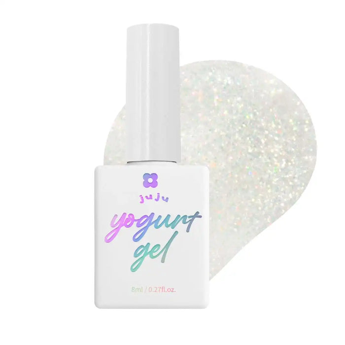 A glittering, iridescent nail gel in the shape of a princess' dress, with a royal purple and blue palette, representing the enchanting "Yogurt Princess Maker Collection" by the brand. The gel promises to transform nails into a sparkling, elegant display of confidence and glamour.