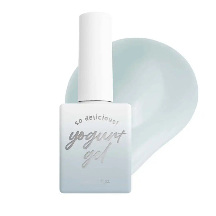 Detailed and descriptive alt text for the "YOGURT Cookie Bear Collection" Shopify product image: A white and light turquoise nail polish bottle with the text "Yogurt gel" printed on the label in a cursive script font. The product is described as part of the Cookie Bear Collection, featuring 10 new warm, mulled shades in a mid-viscosity, buildable, and self-leveling formula. Each full set comes with a color card, while single gels are also availab