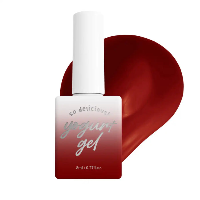 Exquisite Yogurt Tanghulu gel nail polish bottle in a deep, rich red shade, reflecting the tantalizing candied fruit inspiration. The compact, self-leveling formula delivers a long-lasting, glossy finish with just a single application, providing a delectable, on-trend manicure.