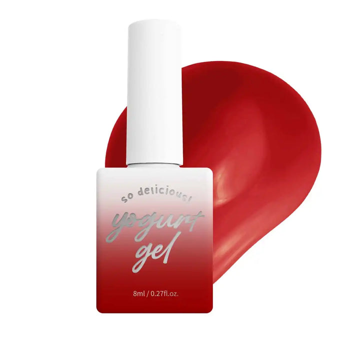 Descriptive Alt Text: A bottle of Yogurt Tanghulu Collection nail gel in a deep, red-orange shade against a white background. The product is described as self-levelling, UV/LED curable, and coming in 10 shades inspired by candied fruit. The bottle displays the brand name "Yogurt Gel" and the product volume of 8 ml.