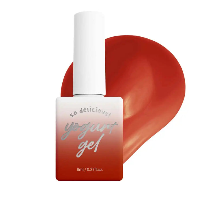 Descriptive alt text for "YOGURT Tanghulu Collection" Shopify product image: A close-up photograph showcasing a bottle of the "YOGURT Tanghulu Collection" nail gel product. The bottle features a red, self-leveling gel formula in a deep, vibrant color reminiscent of candied fruit, with a white label and cap. The product packaging prominently displays the "YOGURT" brand name.