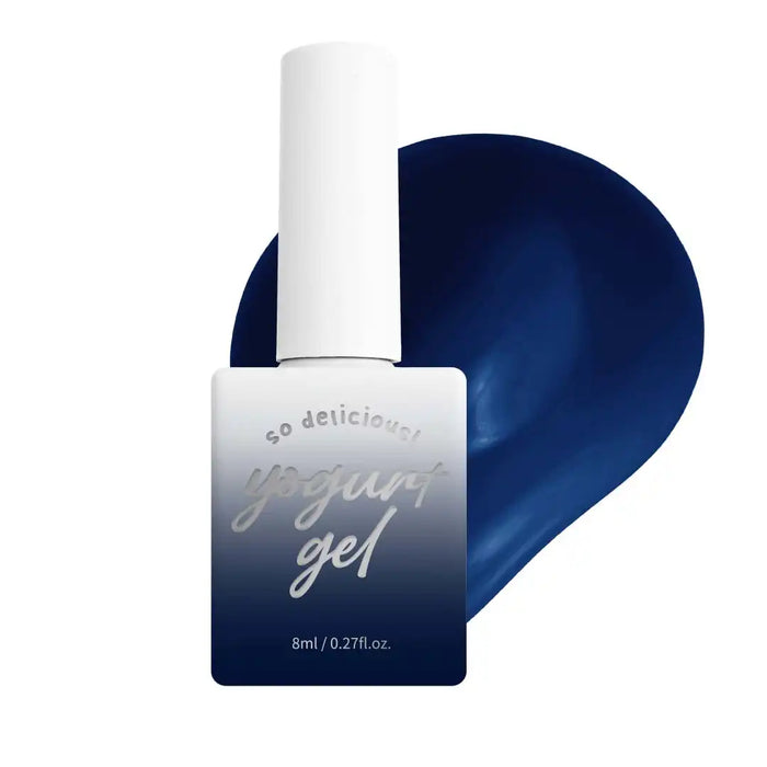 Detailed description of the Yogurt Tanghulu Collection nail gel product. The image shows a white bottle with a navy blue gel polish inside, showcasing the deep, self-leveling syrup shades inspired by the candied fruit Tanghulu. The product details, including the 8ml volume and the 60-second UV/LED curing instructions, are clearly visible. This high-quality nail gel offering from the brand provides a vibrant and long-lasting manicure experience.