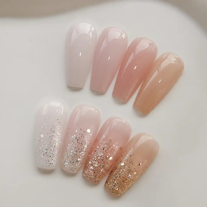 Elegant and sophisticated bridal nail polish collection featuring soft pink syrup gels and sparkling gold glitter gels, designed to elevate the wedding day look.