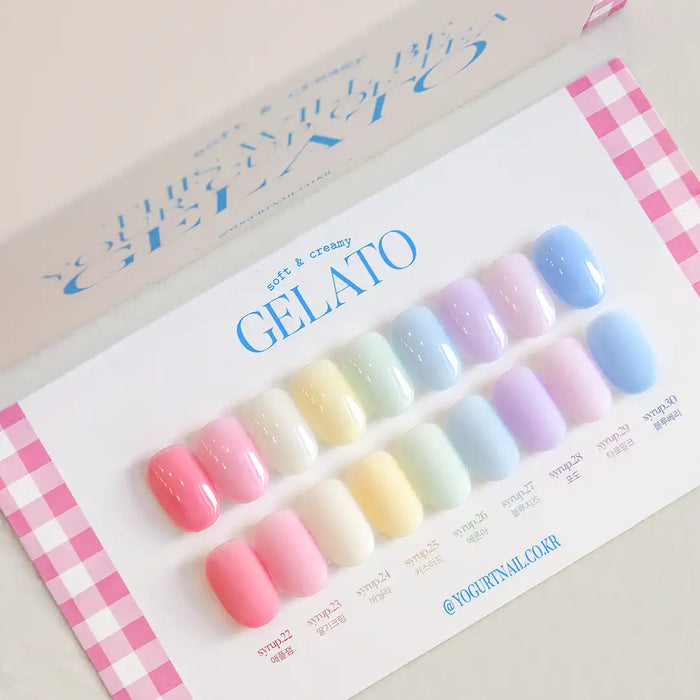 The Yogurt Gelato Collection by Shopify product showcases a vibrant and colorful array of nine pastel-hued, semi-viscous gel nail polish shades. The image presents a detailed color palette, allowing customers to easily identify and select the desired shade for their manicure or pedicure needs. This high-quality, limited edition collection is packaged in a stylish, boxed set, providing a cohesive and premium aesthetic for the discerning Shopify cu