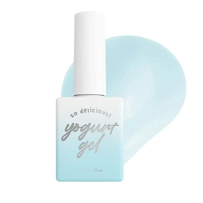 The image depicts a bottle of "Yogurt Gel" from the "Bunny Chu Collection" by a Shopify brand. The soft, pastel-colored packaging features a gradient design, evoking a delicate and whimsical aesthetic. The product is described as a sheer, smooth gel formula that is perfect for spring, with 10 syrup color gels and an empty card included in each full set. This versatile product is available as individual shades, allowing customers to customize thei