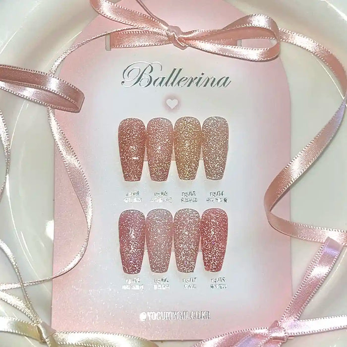 Soft pink and rose gold glittering ballerina-inspired nail polish collection, highlighting the reflective and self-leveling qualities of the mid-viscosity gel formulas that complement the tone of the natural nail bed.