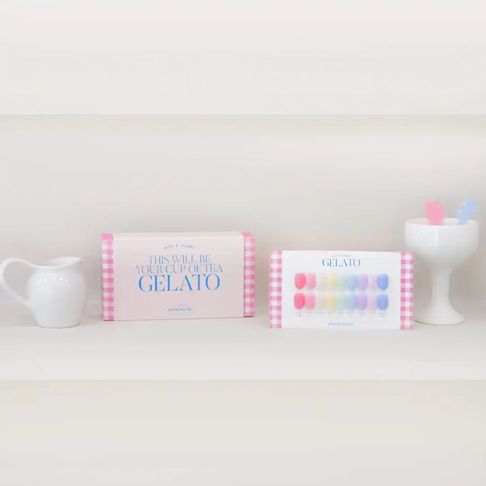 The Yogurt Gelato Collection contains 9 piece syrup gels with a mid-viscosity formula. The full sets come in limited edition boxed packaging with a color chart for the user to complete. The product does not include swatch tips. Each bottle contains 8ml of product, and instructions are provided for curing the gels with 60S UV/LED. The image showcases the product packaging and color chart, highlighting the Shopify offering of this Gelato collection