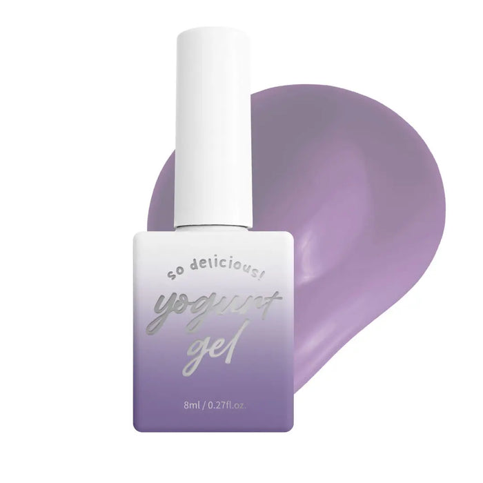 Detailed image description of a Shopify product featuring a lavender-colored yogurt gel with a white bottle and minimalist packaging design, highlighting the "So Delicious! Yogurt Gel" branding and product details such as the 8ml volume and curing instructions.