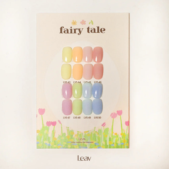 8 pastel colored syrup gel polishes in a Fairy Tale-inspired collection from the Leav brand, showcasing the varied shades and unique lipstick-style packaging of this enchanting Spring 2023 product line.