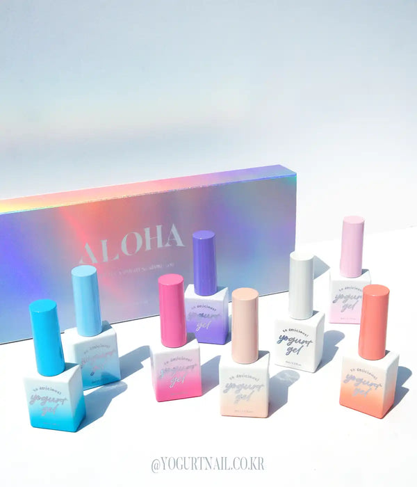 Vibrant and colorful nail polish bottles in a tropical-inspired Aloha collection, showcasing an array of sun-kissed hues from sparkling blues to radiant tropical pinks. This dynamic and long-lasting gel glitter polish set captures the essence of summer days, perfect for those seeking a vibrant and eye-catching nail look.