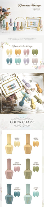 Romantic vintage nail polish collection featuring 8 pastel shades in elegant bottles. Product display includes color swatches, ornate frames, and floral accents. Bottles shown in various artistic arrangements with soft, muted background. Color chart demonstrates the range of delicate hues available in the set.