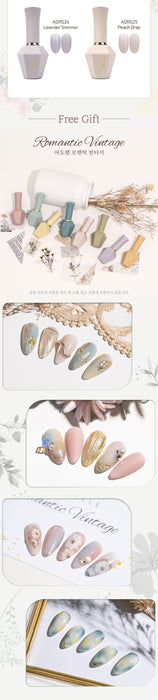 Romantic vintage nail polish set featuring 8 soft, pastel colors in elegant bottles. Showcases various nail art designs using the polishes, including floral patterns, gold accents, and delicate embellishments. Displayed with dried flowers and pearls for a whimsical, feminine aesthetic.