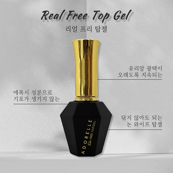 Elegant black and gold bottle of ADORELLE TOP gel, 16ml size. Product image showcases Korean text and features, including no-wipe formula and non-yellowing properties. Luxurious packaging with golden cap and sleek hexagonal design. Professional nail care product for long-lasting, high-quality manicures.