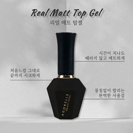 Elegant black bottle of Adorelle Real Matt Top Gel against a grey background. Korean text surrounds the image, highlighting product features. The sleek bottle design showcases a matte finish and gold accents, emphasizing the professional and luxurious nature of this nail care product for achieving a timeless matte look.