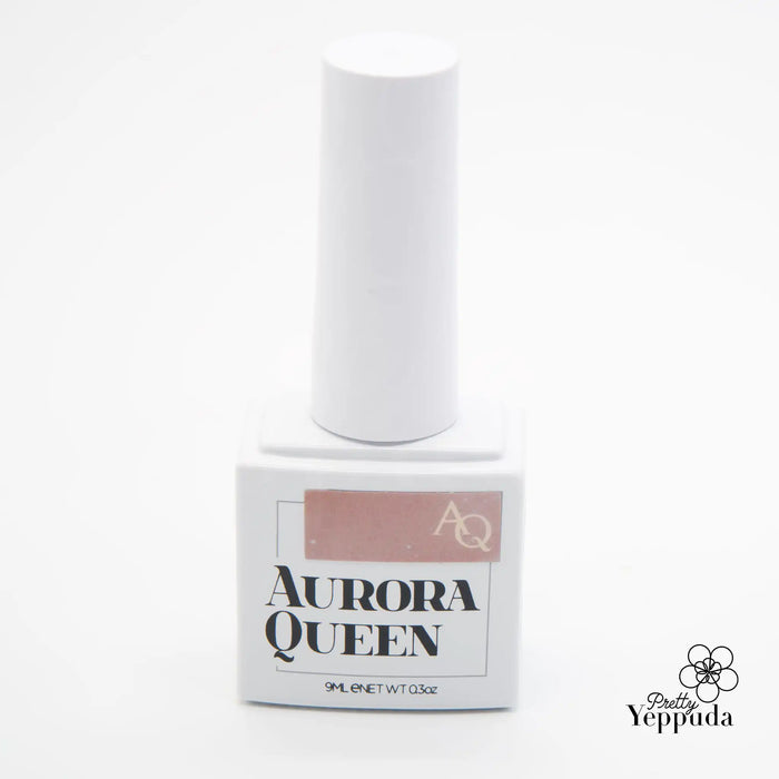 A beautifully minimalist and elegant image of the "AURORA QUEEN Mellow Set" Shopify product, showcasing the sleek white bottle design with the "AQ" logo prominently displayed. The alt text should highlight the premium, glitter-infused gel formulation, the range of rich, muted shades, and the efficient 1-minute UV/LED curing time, all of which make this an attractive offering for Shopify customers seeking high-quality nail care products. The alt t