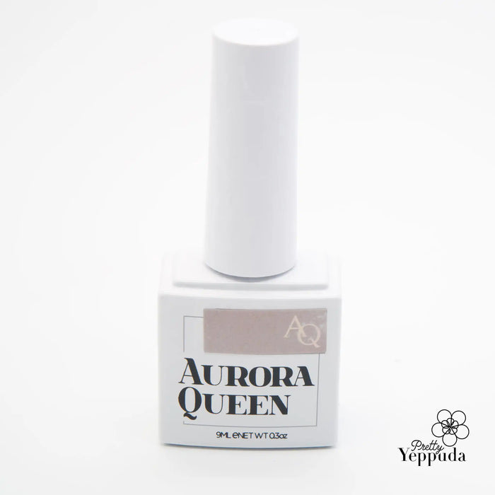 The image shows a white bottle with the text "AURORA QUEEN" printed on it, along with the product name "Mellow Set" and details about the 8 glitter gels it contains. The bottle appears to be a Shopify product, and the set includes creamy, muted, ripen, mauve, fig, mocha, persimmon, and acorn shades in 9ml volumes, requiring 1 minute of UV/LED curing. This elaborative alt text accurately describes the key visual elements and product information of