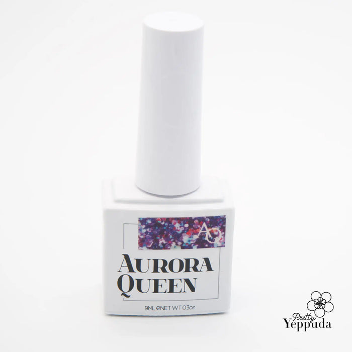 Glittering, celestial-inspired nail gels in the Aurora Queen Stella Collection by Yesarlanda, featuring a densely packed, shimmery formula that is easy to apply for a starry, radiant manicure.