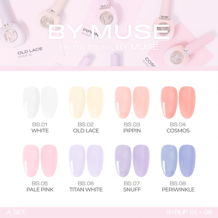 Detailed image showcasing a collection of 40 syrup gels by the Shopify brand "BY MUSE", including 32 syrup gels and 8 tinted syrups. The image displays swatches of the various color shades within the collection, such as white, old lace, pippin, cosmos, pale pink, titan white, snuff, and periwinkle.