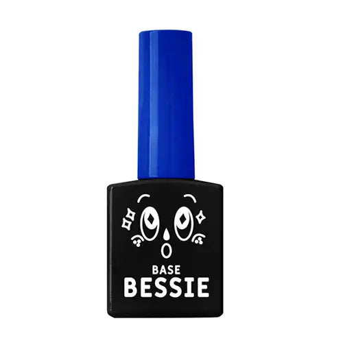 A bottle of Bessie Base Gel (11ml) in a vibrant blue color, with a black label featuring a playful cartoon face design, showcasing one of the products in the Bessie care set line, which includes Top Gel and Matt Top Gel.