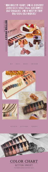 Vibrant and tempting display of BESSIE's Bitter Sweet Collection 7-piece set, showcasing a range of autumn-inspired nail polish colors complemented by sweet desserts and treats, capturing the essence of the brand's Autumn Trend.