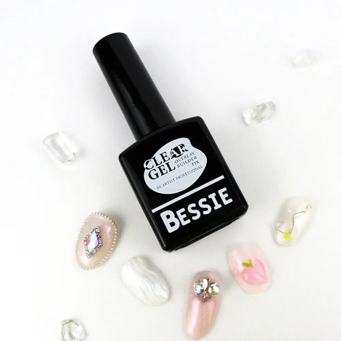 Clear, glossy, and long-lasting gel nail polish bottle by the BESSIE brand, showcasing a sleek and modern design that perfectly complements any nail art or manicure.