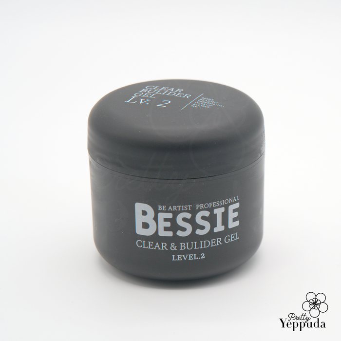 Black jar of Bessie Clear and Builder Gel Level 2, a professional nail product. The container features white text on a matte black background, showcasing the product name and brand. A small logo is visible in the bottom right corner of the image.