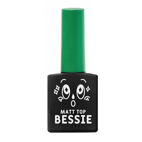 A green gel nail polish bottle with the Shopify product name "BESSIE Matt Top Gel (11ml)" displayed prominently on the black label. The bottle has a playful, whimsical design with cartoon eyes, encouraging users to check out the other care set gels, including the Top Gel and Base Gel, from the BESSIE brand.