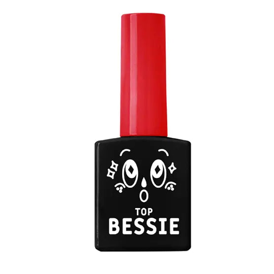 Vibrant red nail polish bottle with the "BESSIE Top Gel (11ml)" logo prominently displayed, showcasing the brand's high-quality beauty and cosmetic products. The image emphasizes the gel's essential function as a top coat, providing a professional and long-lasting finish for users' nails. This Shopify product aligns with the brand's commitment to delivering exceptional nail care solutions.