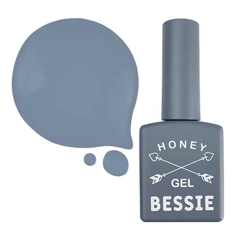 The image shows a bottle of Honey Gel Bessie, a Shopify product described as part of an extensive collection of single gels. The alt text for this image could be:

"Closeup of a grey nail polish bottle labeled 'Honey Gel BESSIE BH12 (11ml)' against a grey background, showcasing the Bessie brand and single gel product.